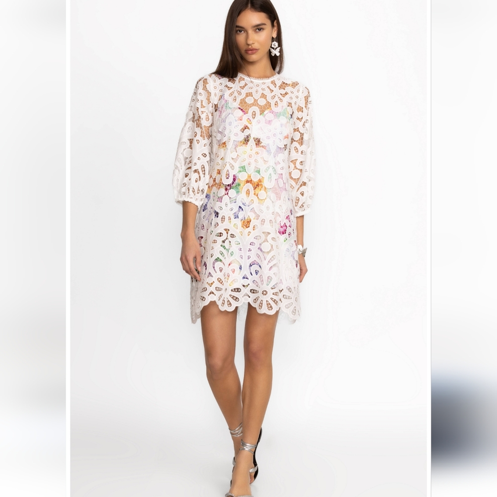 Johnny Was Lisetta Floral Lace Mini Dress NWT Size M White